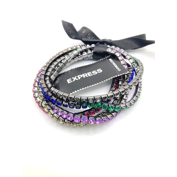 EXPRESS Multicolor Rhinestone on Grey Tone Metal Stretch Bracelets Set - Picture 3 of 6